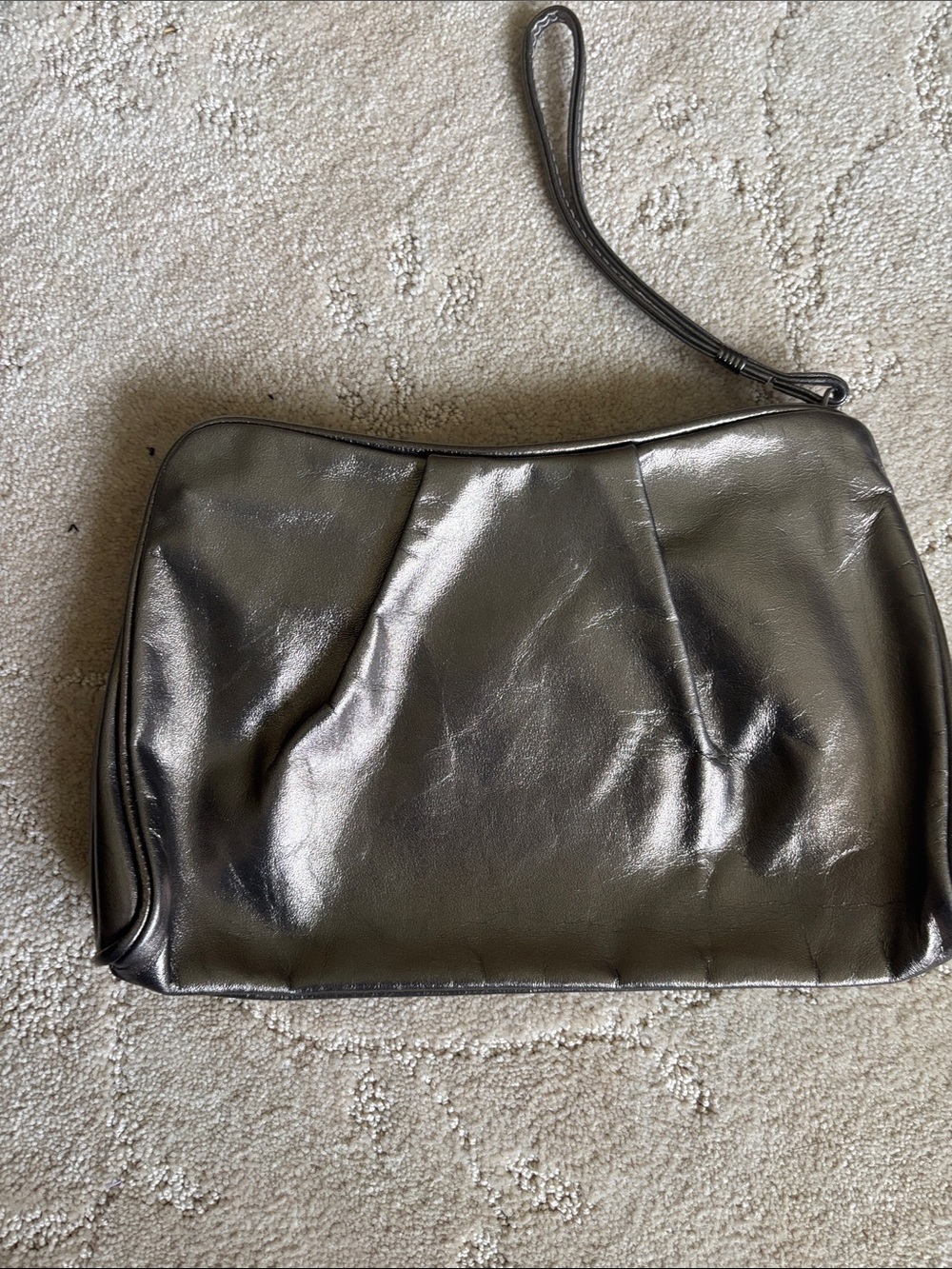 Vintage Pewter Metallic Pleated Leather Wristlet Clutch - YKK Zipper - EUC